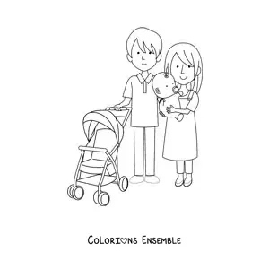 Image à colorier de deux parents qui promènent un bébé