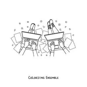 Image à colorier de deux jeunes assis qui font leurs devoirs sur des ordinateurs
