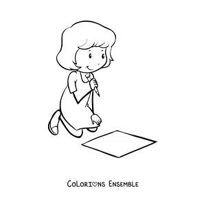 Image à colorier d'une petite fille qui écrit par terre