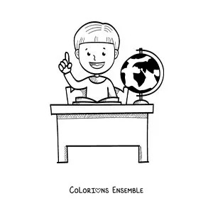 Image à colorier d'un petit garçon qui lève la main à un pupitre