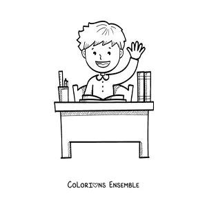 Image à colorier d'un petit garçon qui lève la main à son pupitre