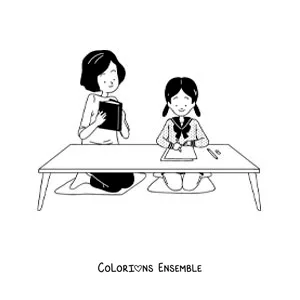 Image à colorier d'une maman qui aide sa fille avec ses devoirs après l'école