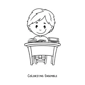 Image à colorier d'un petit garçon assis qui lit à un bureau