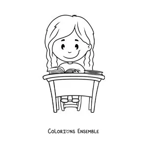 Image à colorier d'une petite fille assise qui étudie à un bureau