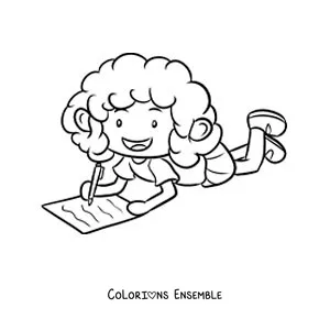 Image à colorier d'une petite fille qui écrit ses devoirs par terre