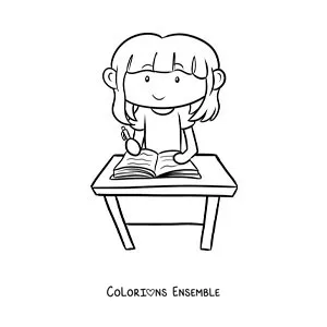 Image à colorier d'une fille qui écrit ses devoirs à un bureau