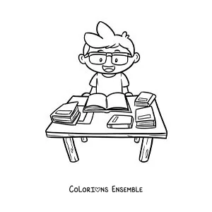 Image à colorier d'un garçon qui étudie à une table