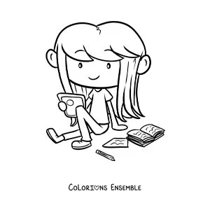 Image à colorier d'une fille qui étudie sur une tablette