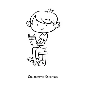 Image à colorier d'un garçon assis sur une chaise en train de faire ses devoirs
