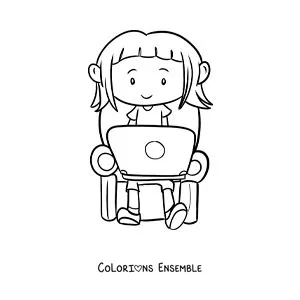 Image à colorier d'une fille assise en train de faire ses devoirs sur un ordinateur