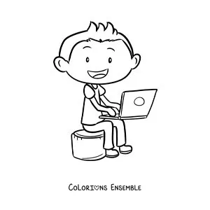 Image à colorier d'un garçon assis en train de faire ses devoirs sur un ordinateur