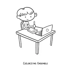 Image à colorier d'un garçon assis qui écrit devant un ordinateur