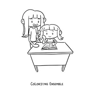 Image à colorier d'une fille qui aide sa sœur à faire ses devoirs