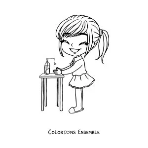 Image à colorier d'une fille kawaii qui se nettoie les mains avec du gel antibactérien