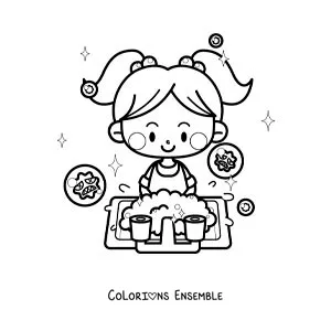 Image à colorier d'une fille kawaii qui se lave les mains pour se protéger des virus