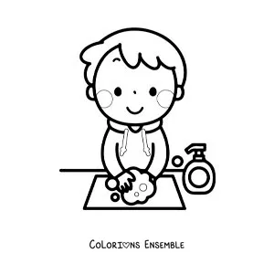 Image à colorier d'un garçon kawaii qui se lave les mains à l'eau et au savon