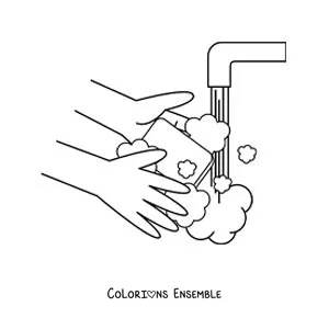 Image à colorier de deux mains savonneuses et pleines de mousse sous le jet d'eau