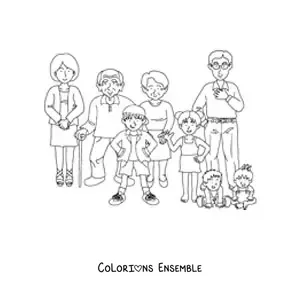 Image à colorier d'une famille nombreuse avec quatre enfants et deux grands-parents