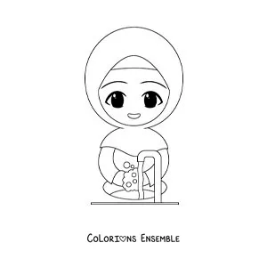 Image à colorier d'une fille portant un hijab qui se lave les mains