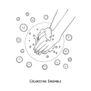 Image à colorier de deux mains pleines de mousse protégées d'un virus animé