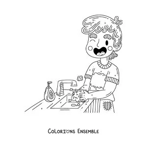 Image à colorier d'un garçon qui se lave les mains avant de manger