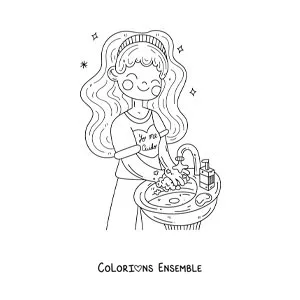 Image à colorier d'une fille qui se lave les mains avant de manger