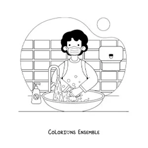 Image à colorier d'un garçon qui se lave les mains à l'eau et au savon à l'école