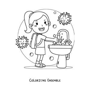 Image à colorier d'une fille qui se lave les mains à l'école pour prévenir les maladies