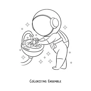 Image à colorier d'un astronaute de dessin animé qui se lave les mains