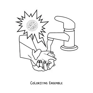 Image à colorier de deux mains pleines de mousse sous le jet d'eau, protégées d'un virus animé