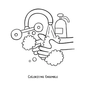 Image à colorier de deux mains savonneuses sous le jet d'eau au-dessus du lavabo