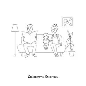 Image à colorier d'une maman et d'un papa assis sur le canapé avec leur petit garçon