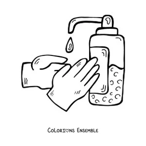 Image à colorier de deux mains avec du gel antibactérien