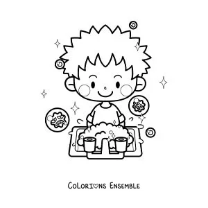 Image à colorier d'un garçon kawaii qui se lave les mains pour prévenir les virus