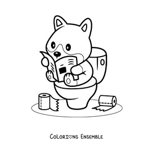 Image à colorier d'un chien de dessin animé qui lit le journal sur les toilettes