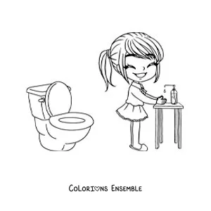 Image à colorier d'une fille qui se lave les mains après être allée aux toilettes