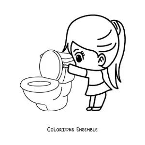 Image à colorier d'une fille qui tire la chasse d'eau des toilettes