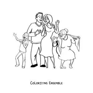 Image à colorier d'une famille qui s'amuse avec la mamie qui danse à côté