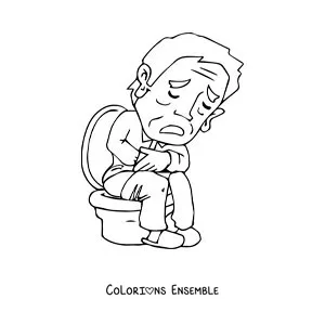 Image à colorier d'un homme qui a mal à l'estomac sur les toilettes
