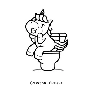 Image à colorier d'une licorne de dessin animé assise sur les toilettes