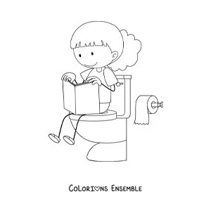 Image à colorier d'une fille assise sur les toilettes en train de lire un livre