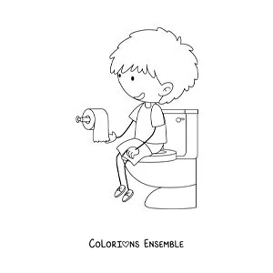 Image à colorier d'un garçon assis sur les toilettes avec du papier toilette