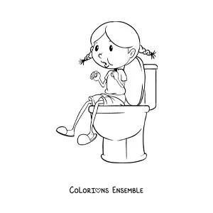 Image à colorier d'une fille assise sur les toilettes
