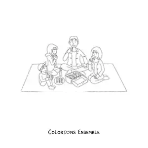 Image à colorier d'un pique-nique en famille