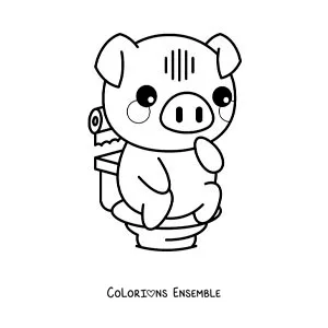 Image à colorier d'un mignon petit cochon de dessin animé qui apprend à utiliser les toilettes