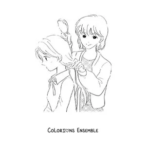Image à colorier d'une mère qui coiffe sa fille pour aller à l'école