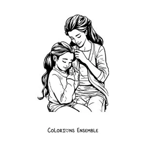 Image à colorier d'une mère qui coiffe les cheveux de sa fille