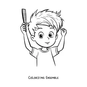 Image à colorier d'un garçon qui se coiffe avec un peigne