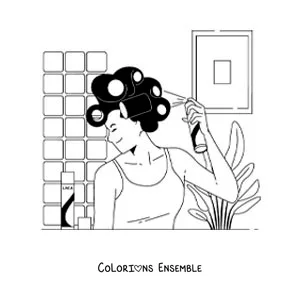 Image à colorier d'une femme qui coiffe ses cheveux avec de la laque