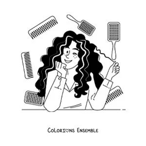 Image à colorier d'une femme aux cheveux bouclés qui se coiffe